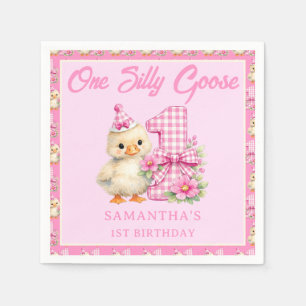 One Silly Goose Pink Gingham Bow 1st Birthday Napkin