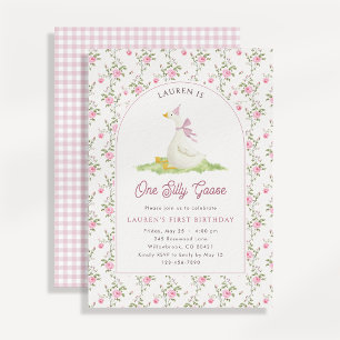 One Silly Goose Pink Gingham First Birthday  Invitation