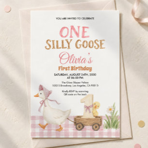 One Silly Goose Pink Gingham First Birthday Invitation