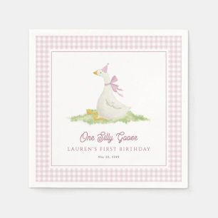 One Silly Goose Pink Gingham First Birthday  Napkin