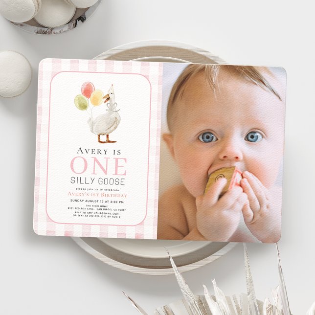 One Silly Goose Pink Gingham Girl 1st Birthday Invitation (Creator Uploaded)