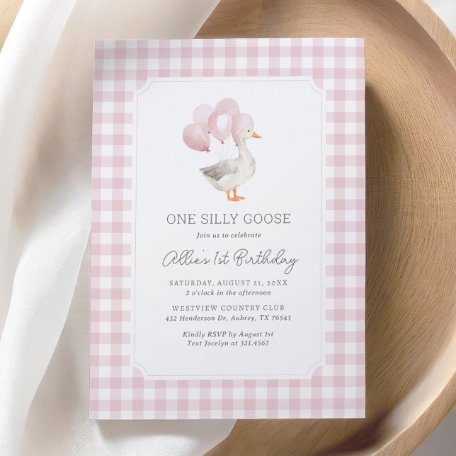 One Silly Goose Pink Gingham Girl 1st Birthday Invitation (Creator Uploaded)