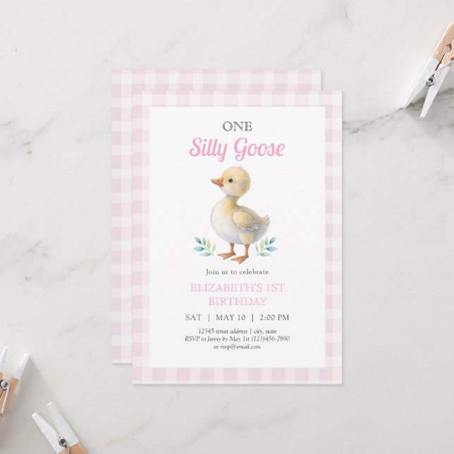 One Silly Goose Pink Gingham Girl First Birthday Invitation (Front/Back In Situ)