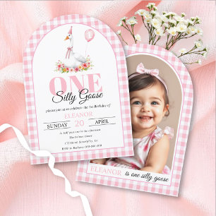 One silly goose, pink gingham girl first birthday invitation