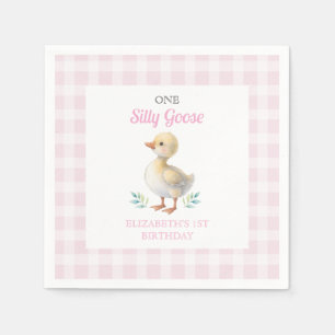 One Silly Goose Pink Gingham Girl First Birthday Napkin