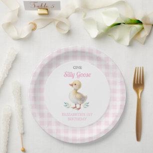 One Silly Goose Pink Gingham Girl First Birthday Paper Plate
