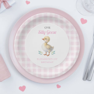 One Silly Goose Pink Gingham Girl First Birthday Paper Plate