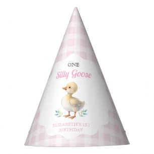 One Silly Goose Pink Gingham Girl First Birthday Party Hat