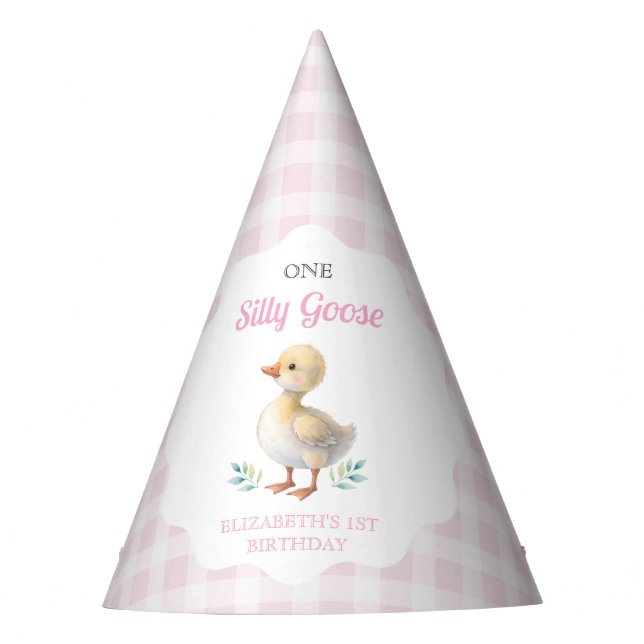 One Silly Goose Pink Gingham Girl First Birthday Party Hat (Front)