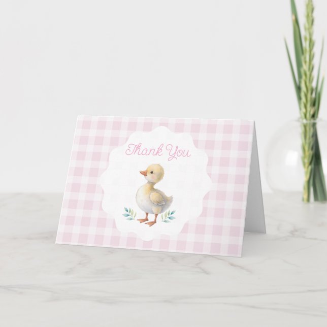 One Silly Goose Pink Gingham Girl First Birthday Thank You Card (Front)