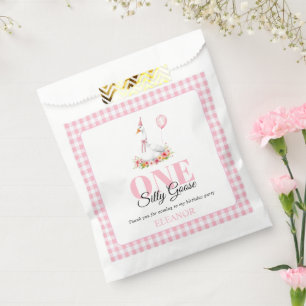 One silly goose, pink gingham girl's 1st birthday favour bags