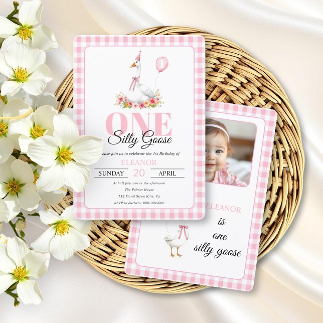 One silly goose, pink gingham girl's 1st birthday  invitation (Creator Uploaded)