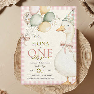 One Silly Goose Pink Gingham Girl's 1st Birthday Invitation