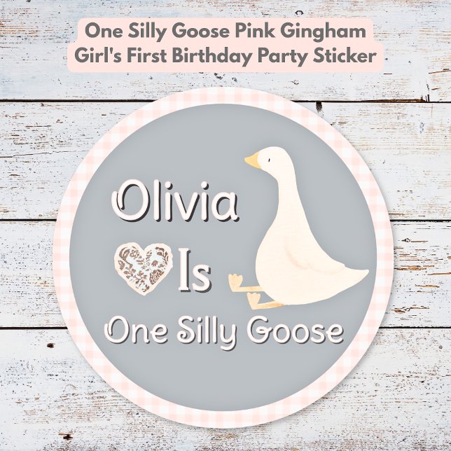One Silly Goose Pink Gingham Girl's Birthday Party Classic Round Sticker (One Silly Goose Pink Gingham Girl's Birthday Party Classic Round Sticker)