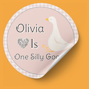 One Silly Goose Pink Gingham Girl's Birthday Party Classic Round Sticker