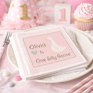 One Silly Goose Pink Gingham Girl's Birthday Party Napkin