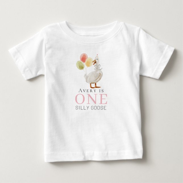 One Silly Goose Pink Girl 1st Birthday Baby T-Shirt (Front)