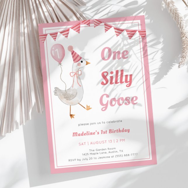 One Silly Goose Pink Girl 1st Birthday Invitation (Creator Uploaded)