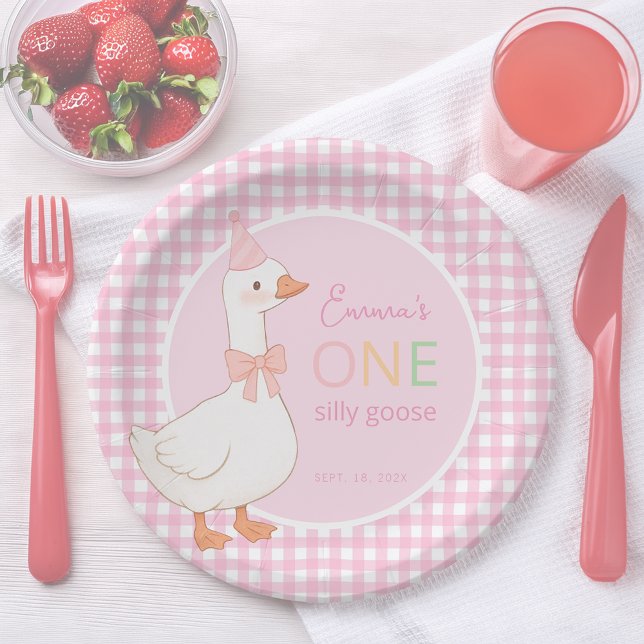 One Silly Goose Pink Girl First Birthday Party Hat Paper Plate (Creator Uploaded)