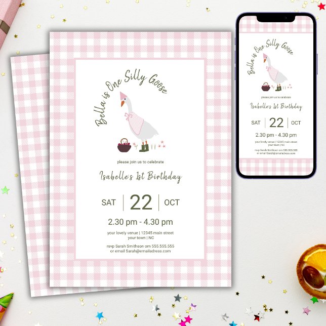 One Silly Goose Pink Girls 1st Birthday  Invitation (Creator Uploaded)