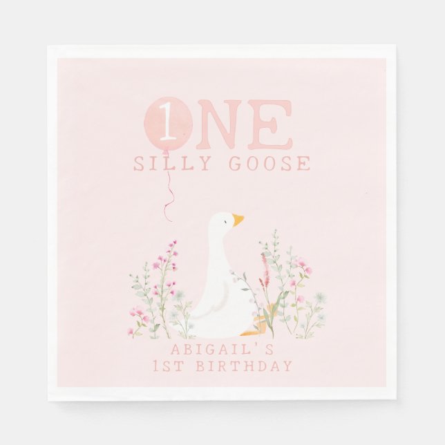 One Silly Goose Pink Girls 1st Birthday Napkin (Front)