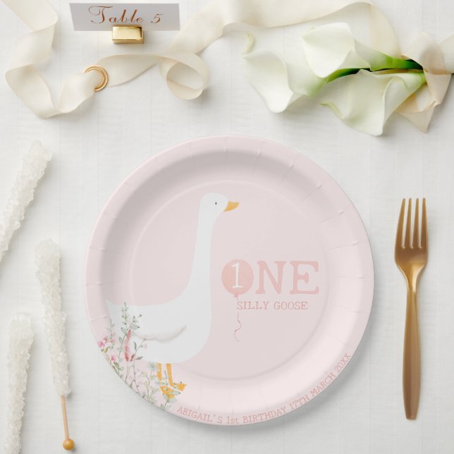 One Silly Goose Pink Girls 1st Birthday Paper Plate (Wedding)