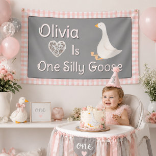 One Silly Goose Pink Grey Girl's Birthday Party Banner