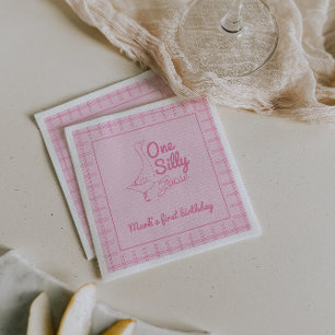 One Silly Goose Pink Hand Drawn Girl 1st Birthday  Napkin