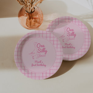 One Silly Goose Pink Hand Drawn Girl 1st Birthday  Paper Plate