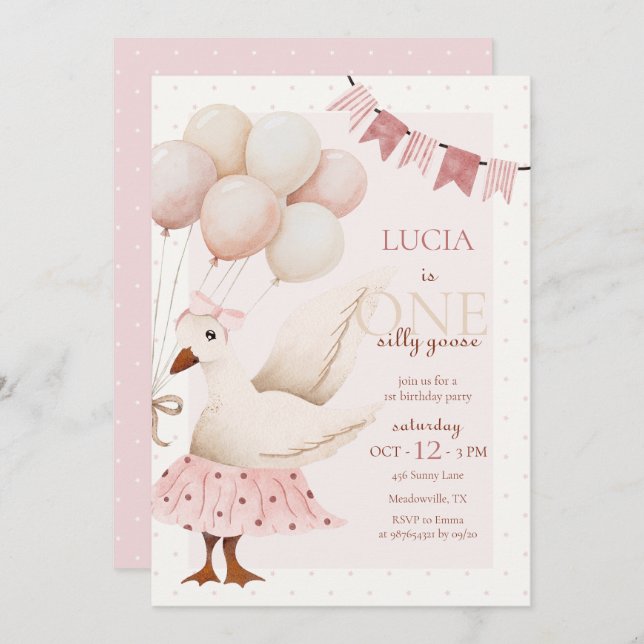 One Silly Goose Pink Pastel 1st Birthday Invitation (Front/Back)