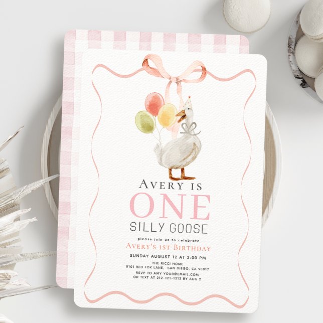 One Silly Goose Pink Ribbon Girl 1st Birthday Invitation (Creator Uploaded)