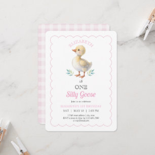 One Silly Goose Pink Whimsical Girl First Birthday Invitation