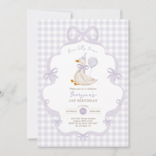 One Silly Goose Purple Bow Balloon 1st Birthday Invitation