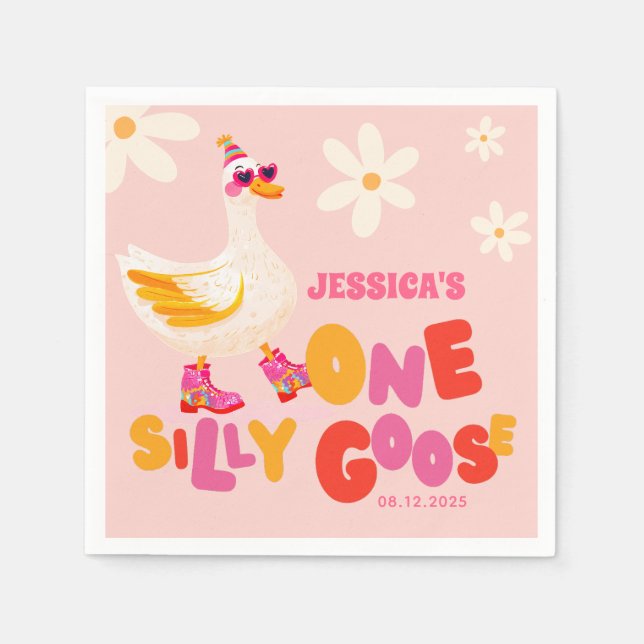 One Silly Goose Retro Pink Kids' Birthday Party  Napkin (Front)