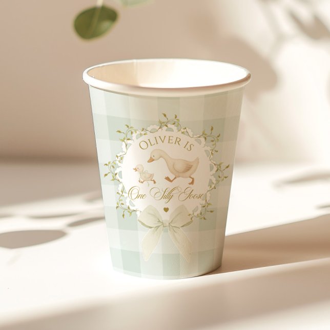 One Silly Goose Sage Gingham Gender neutral Paper Cups (Creator Uploaded)