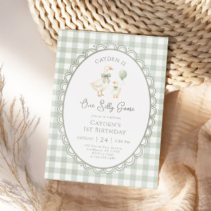 One Silly Goose Sage Green Gingham 1st Birthday Invitation