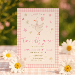 One Silly Goose Spring Pink Daisy First Birthday Invitation