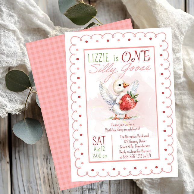 One SIlly Goose Strawberry Girl 1st Birthday Party Invitation ("One Silly Goose" Baby Goose (Gosling) and Strawberry Doodle Frame Girl's 1st Birthday Party Invite)
