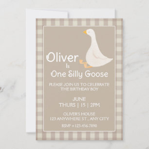 One Silly Goose Tan Gingham First Birthday Party Invitation