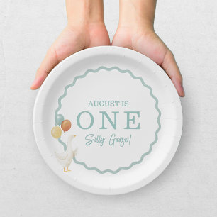 One Silly Goose Teal Blue Boys 1st Birthday Paper Plate