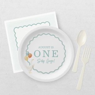 One Silly Goose Teal Blue Boys 1st Birthday Paper Plate