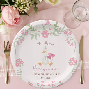 One Silly Goose Vintage Pink Duck 1st Birthday  Paper Plate