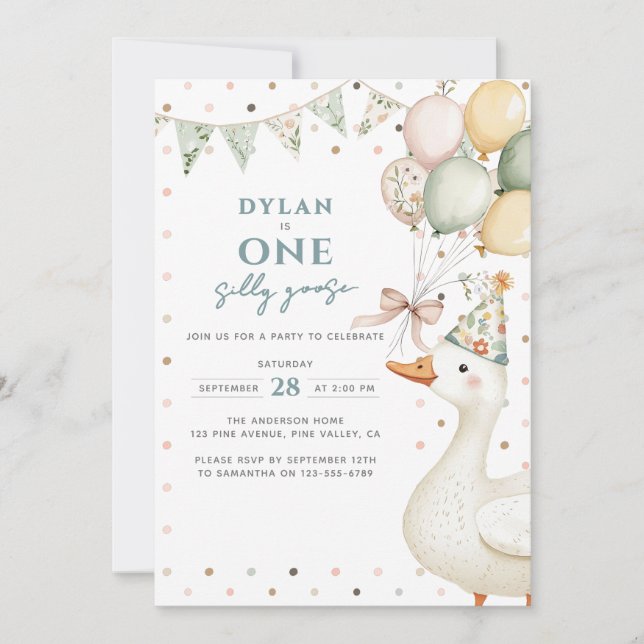 One Silly Goose Watercolor First Birthday Invitation (Front)