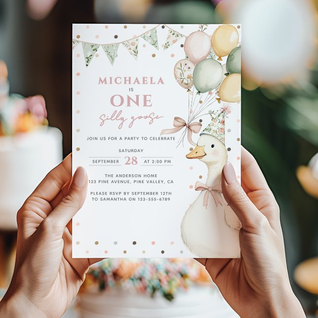 One Silly Goose Watercolor First Birthday Invitation (Creator Uploaded)