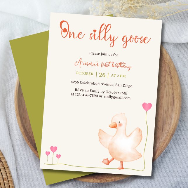 One Silly Goose Watercolor First Birthday Party Invitation (Creator Uploaded)