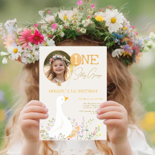 One Silly Goose Wildflower 1st Birthday Photo Invitation