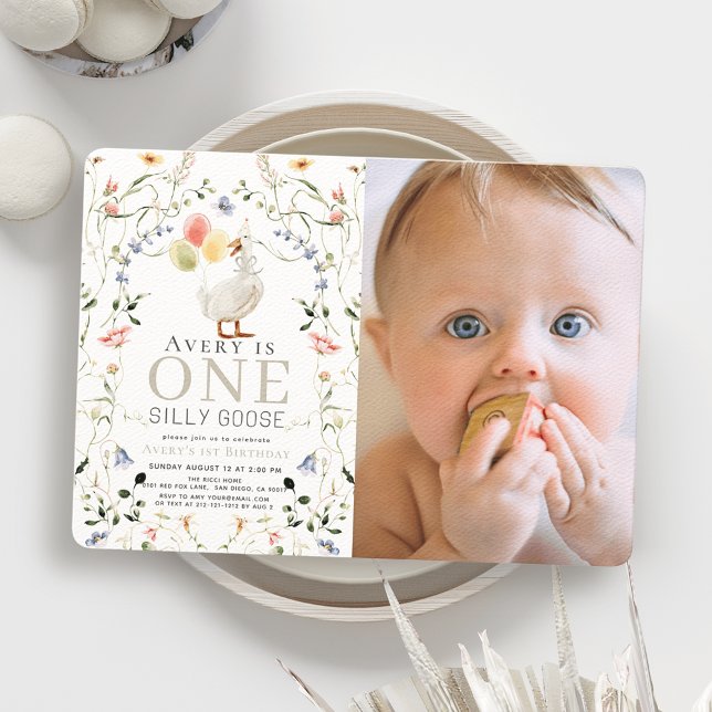 One Silly Goose Wildflower Photo 1st Birthday Invitation (Creator Uploaded)