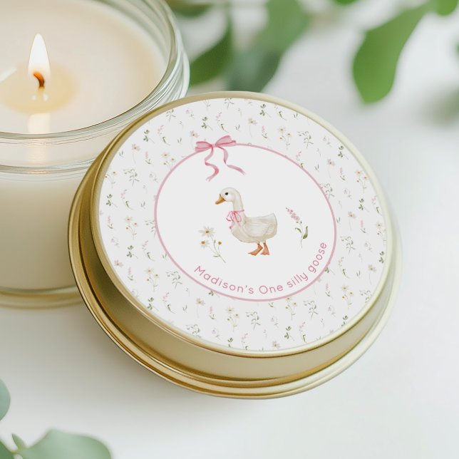 One Silly Goose Wildflower Pink Bow 1st Birthday  Classic Round Sticker (Creator Uploaded)