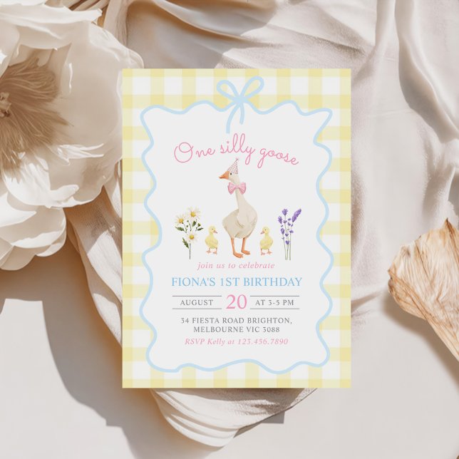 One Silly Goose Yellow Gingham 1st Birthday Invitation (Creator Uploaded)