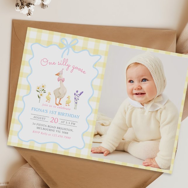 One Silly Goose Yellow Gingham 1st Birthday Photo Invitation (Creator Uploaded)